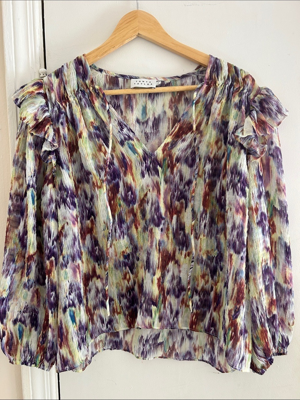 Tanya Taylor Multicolor Printed Ruffle-Sleeve Blouse - Purple, Cream, Teal